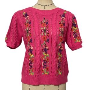 BiBI Pink Floral Embroidered Cable Knit Summer Short Sleeve Top Small
